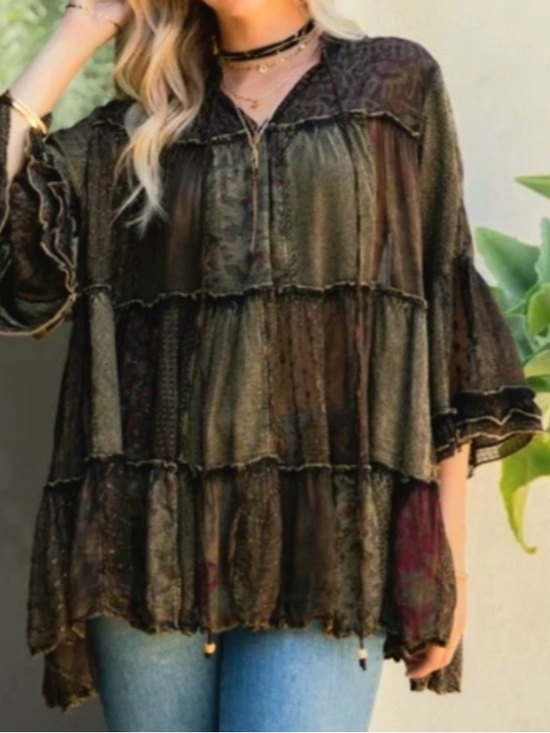 Young Threads Tops - Young Threads rustic natural tiered tunic top in Olive plum and Multi patchwork